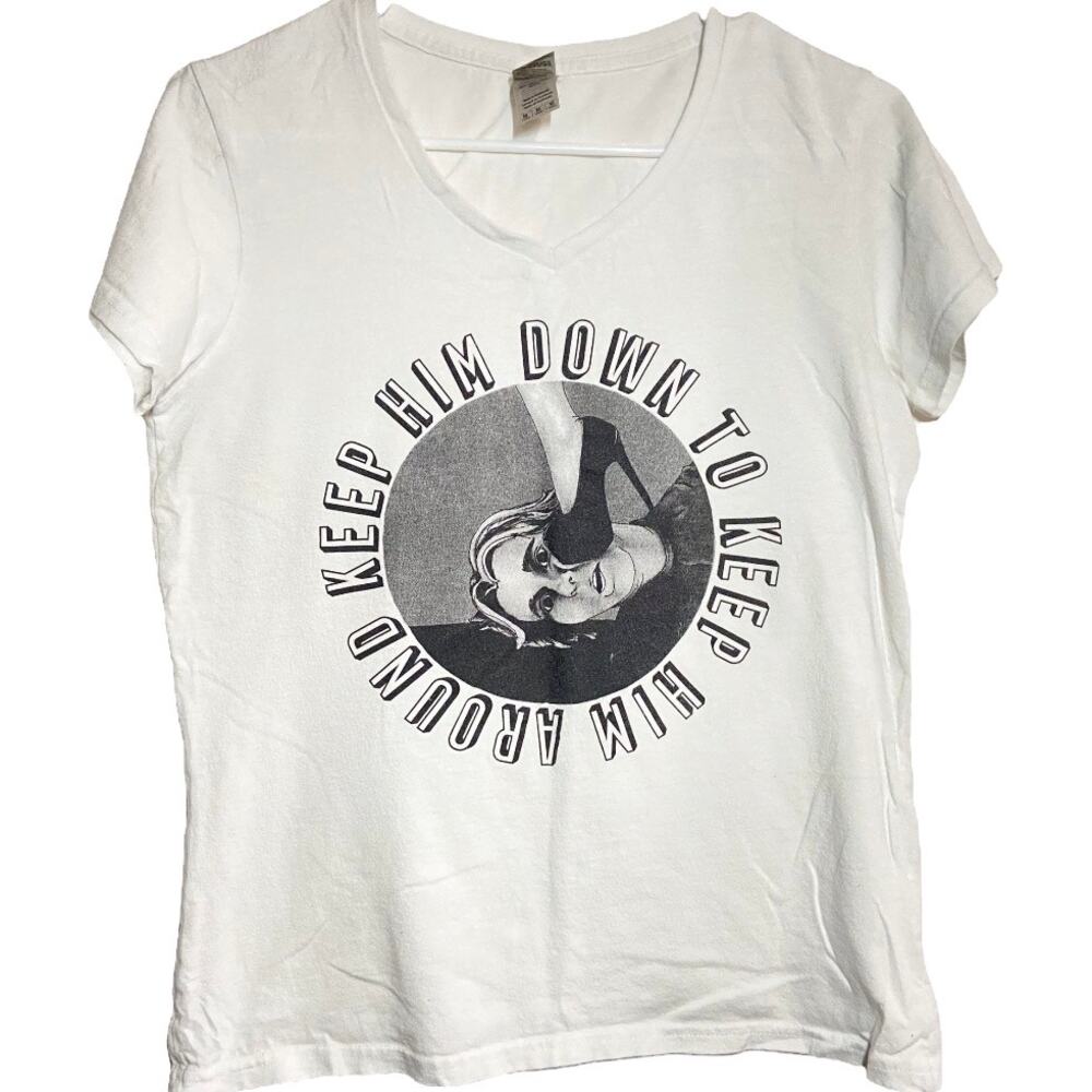 Gildan Tee Keep Him Down To Keep Him Around V-neck Graphic Tee White Medium